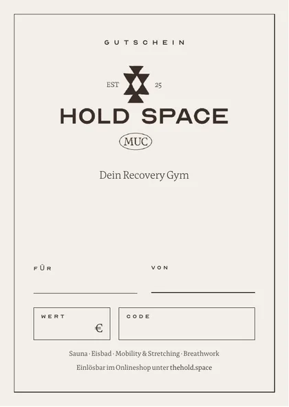 Vorschau der klassischen Vorlage: heller Grund, HOLD SPACE Schriftzug mit dem Sanduhr-Zeichen, darunter die Felder für Name, Wert und Code